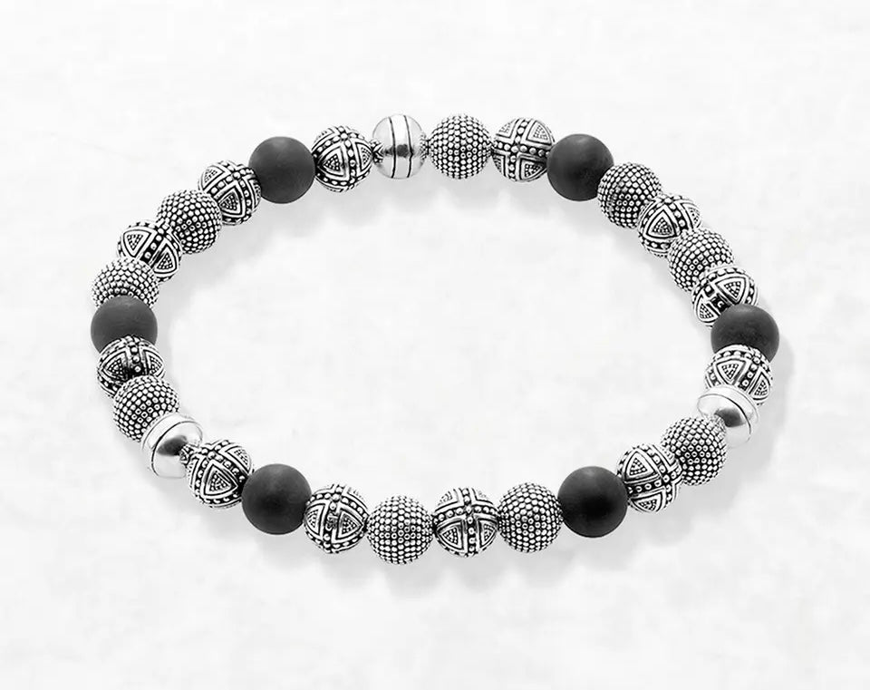 925 Sterling Silver Cross Beads & Obsidian Bracelet