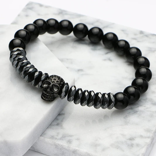 Hematite Stone Stainless Steel Skull Bracelet