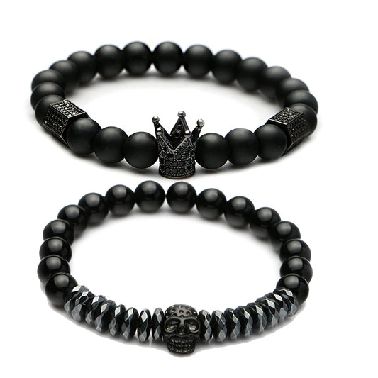 Hematite Stone Stainless Steel Skull & Crown Bracelet Set